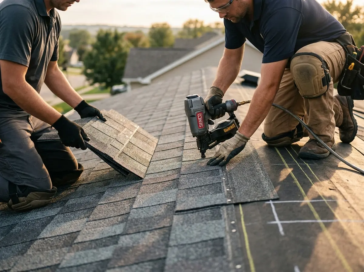 Professional roofer working on a residential roof in New Iberia